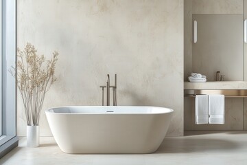 Elegant minimalistic bathroom interior featuring a freestanding tub, natural light from large windows, and serene neutral color palette for relaxation