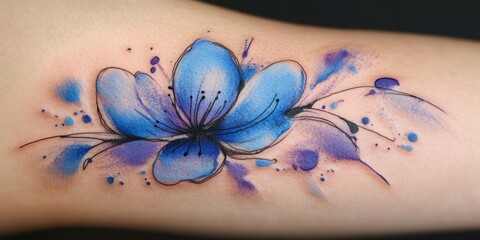 Vibrant blue flower tattoo with artistic splashes showcasing intricate design and creativity