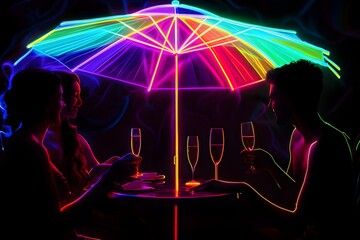 Neon outlines of individuals sipping champagne brunch cocktails under illuminated umbrellas on a black screen.