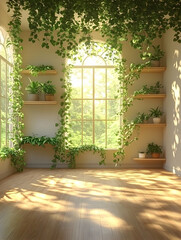 Sunlit room with plants, wooden floors, and large window.