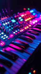 glowing setup of piano closeup shot