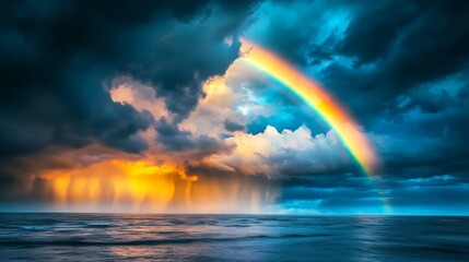Dramatic ocean scene with a vibrant rainbow after a storm.