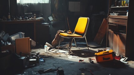 Fototapeta premium Dusty room with yellow chair, sunlight, and scattered tools.