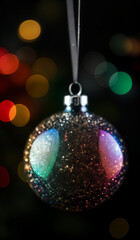 Obraz premium A colorful Christmas ornament on a black background with bokeh sparkles.