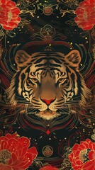 Fototapeta premium Majestic Tiger Illustration Surrounded by Vibrant Florals and Intricate Patterns