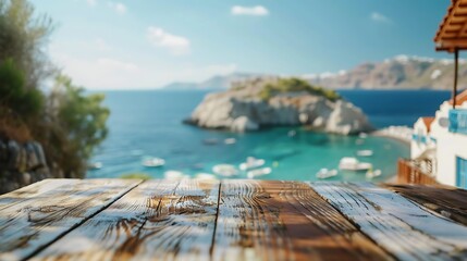 Wooden Table Facing Greek Coastal Cafe