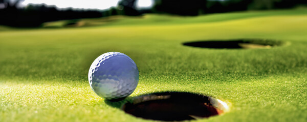illustrazione primo piano di pallina da golf sull'orlo della buca su un green verde brillante