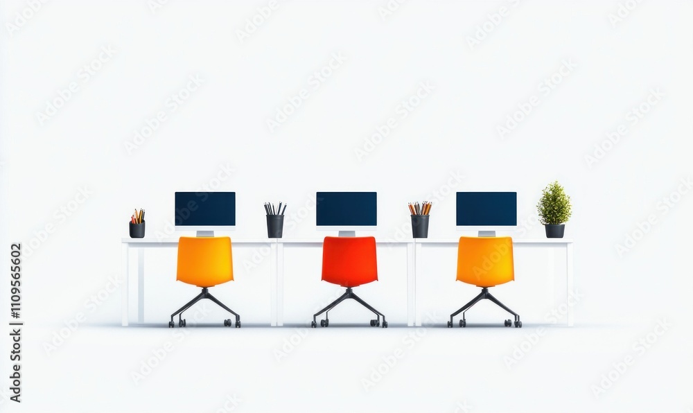 Poster minimalist 3d rendering of desks with desktop computers and chairs