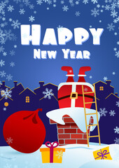 happy new year. Santa Claus dives into the chimney. There are gifts from the bag next to it.