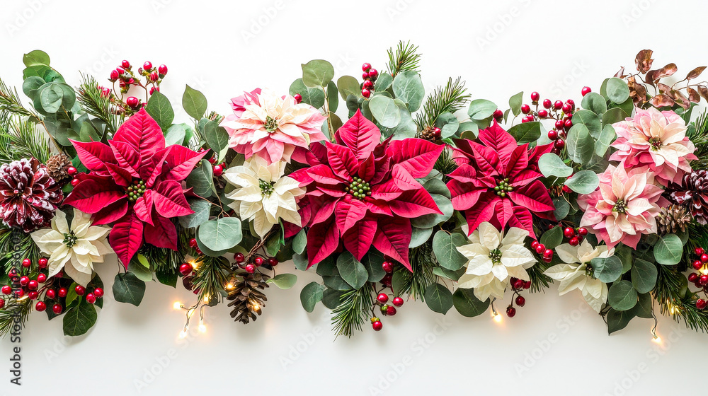 Aufkleber a vibrant holiday display features red and white poinsettias intermingled with greenery and pinecone