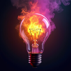 Creative concept of a glowing lightbulb with fiery flames inside and smoke rising, symbolizing innovation, ideas, and energy on a dark background.  