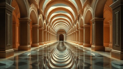 Obraz premium Grand arched hallway with reflective floor.