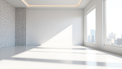 Bright and minimalistic interior of an empty room with large windows and sunlight