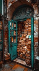 Stacks of antique books, tomes, dictionaries, and encyclopedias arranged near an aged wall