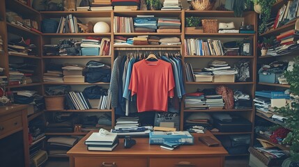 Cluttered home office with a red shirt hanging amidst organized chaos.