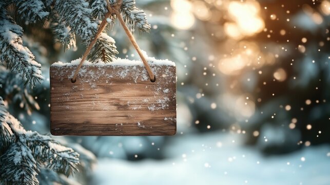 Christmas wooden sign hanging with snow, generative ai