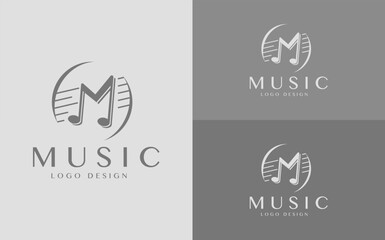 M Music letter logo. Music logo concept with musical notes forms M letter shape. Vector logo, icon, sign and symbol design. 
