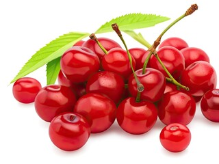 Fresh red cherry bundle with stems and leaves