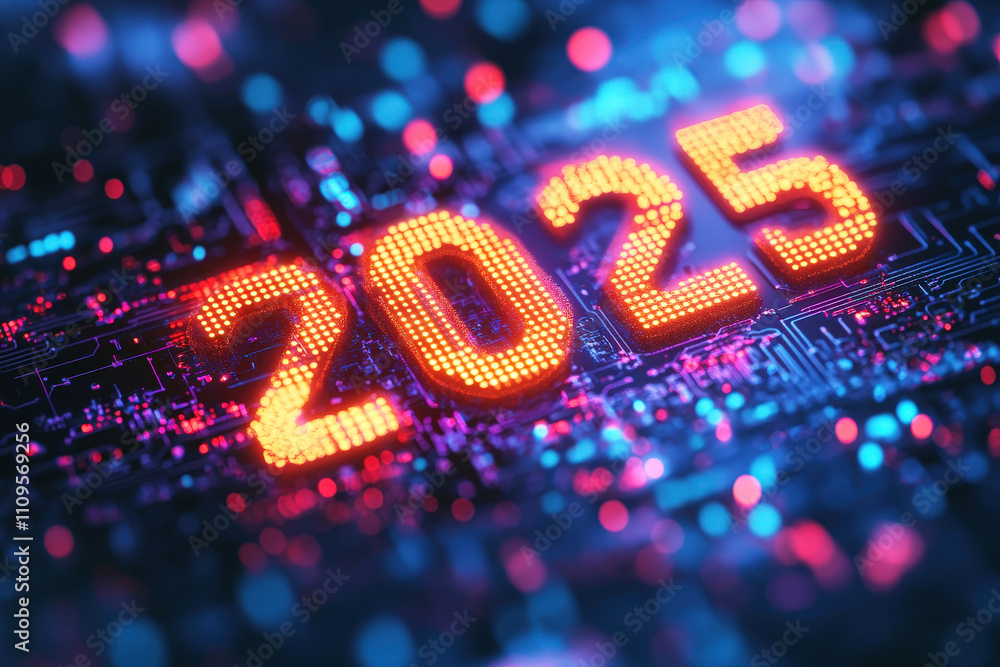 Poster the year 2025 is prominently displayed in vibrant colors against a backdrop of glowing circuitry, su