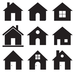 Set of home icons representing different house designs. Ideal for real estate, rentals, and home improvement themes. Simple vector illustrations for versatile use.