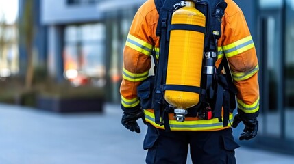 Obraz premium Focused firefighter adjusting gear to enter smoke-filled building
