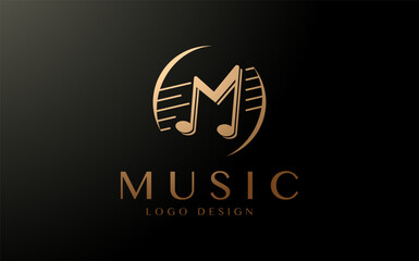 M Music letter logo. Music logo concept with musical notes forms M letter shape. Vector logo, icon, sign and symbol design. 