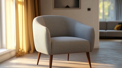 Elegant mid-century modern grey armchair with wooden legs in sunlit contemporary living room interior, soft natural lighting through sheer curtains creates warm atmosphere.