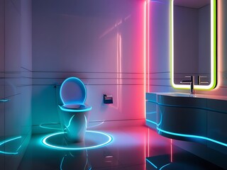 Modern sci-fi bathroom with futuristic toilet bowl, neon lights