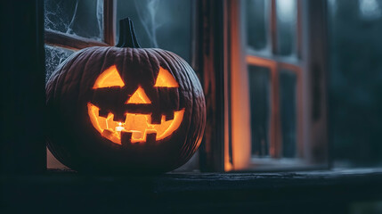 Obraz premium A classic jack-o'-lantern with a jagged mouth and triangular eyes glowing warmly, placed by a window with a soft orange light.