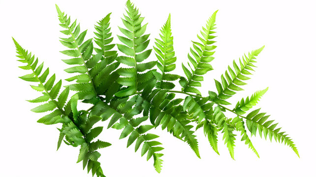 Leaves of bracken fern plants isolated on a white background, featuring a green shrub. Bush of leafy branches.