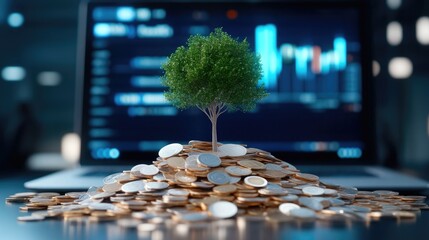 Office Scene Featuring Laptop and Growing Dollar Tree