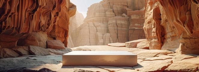 A sleek podium situated in a rugged canyon, emphasizing the raw beauty of nature with its towering...