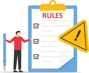 Businessman finish writing rules and regulations document. Rules and regulations, policy and guideline for employee to follow, legal term, corporate compliance or laws, standard procedure concept.

