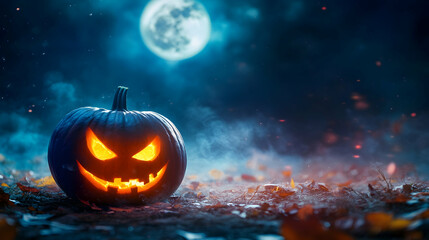 Naklejka premium A Halloween pumpkin glowing fiercely against a foggy moonlit night, with sharp-edged carvings enhancing its eerie look.