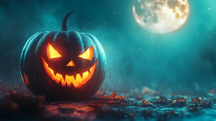 Naklejka premium A glowing jack-o’-lantern under a bright moonlight sky, surrounded by eerie mist, perfect for a haunting Halloween scene.