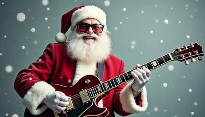 Santa Claus enthusiastically plays an electric guitar while snowflakes fall around him, creating a festive and musical Christmas atmosphere.

