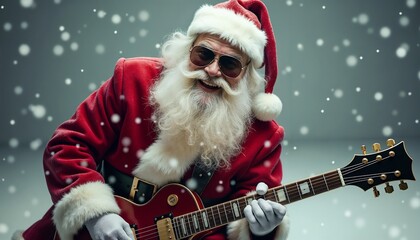 Santa Claus enthusiastically plays an electric guitar while snowflakes fall around him, creating a festive and musical Christmas atmosphere.

