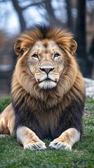 Fototapeta premium Majestic male African lion with magnificent dark mane resting on green grass, displaying regal and confident pose while looking directly at camera with intense golden eyes.