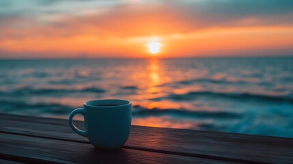 A serene sunset over the ocean with a steaming cup of coffee in focus.