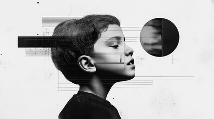 Abstraktes Portrait eines kleinen Jungen in Schwarz-Wei&szlig;. Geometrische Formen und Linien. Minimalistische Illustration vor wei&szlig;em Hintergrund