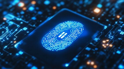 Digital fingerprint security concept with glowing blue biometric scanner on circuit board background, representing modern cybersecurity and identity verification technology.
