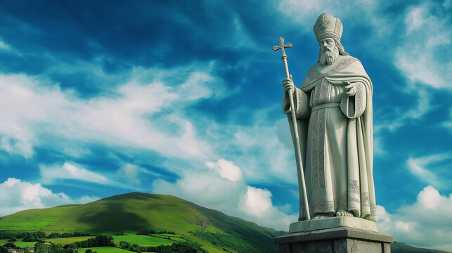 Statue of Saint Patrick against vibrant blue sky and green hills.