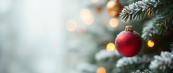 Obraz premium A close-up view of a snow-dusted evergreen branch with a red ornament. Soft, glowing lights in the background create a festive and cozy holiday atmosphere.
