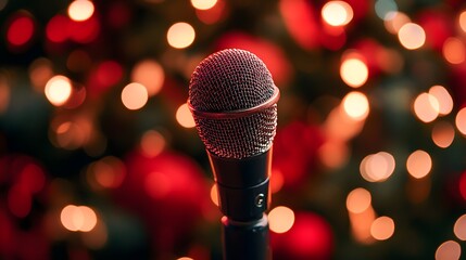 Close-up of a microphone against a festive, blurred bokeh background.