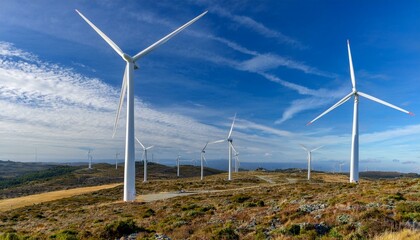 거대한 터빈 블레이드가 회전하며 풍력을 생산하는 풍력발전기 단지