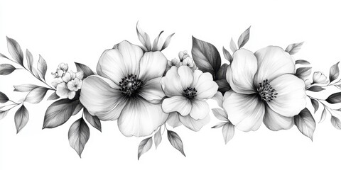 Elegant black and white floral arrangement featuring blooming flowers and delicate leaves in a serene and artistic style