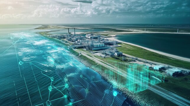 Coastal Solar Farm with Digital Overlays and Visualization