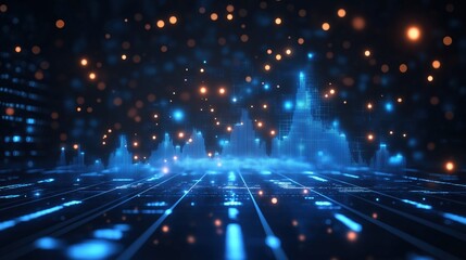 Obraz premium Futuristic data visualization with digital cityscape and glowing particles