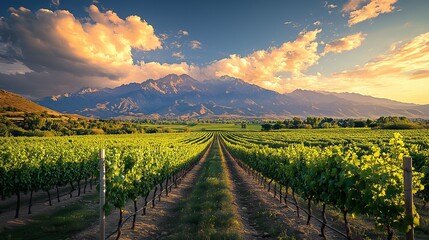 Naklejka premium Scenic vineyard landscape with majestic mountains and dramatic sky at sunset