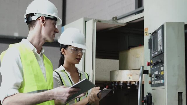 A young white male engineer advice the data to Asian female compare data in the digital tablet lwith cnc machine in the factory.